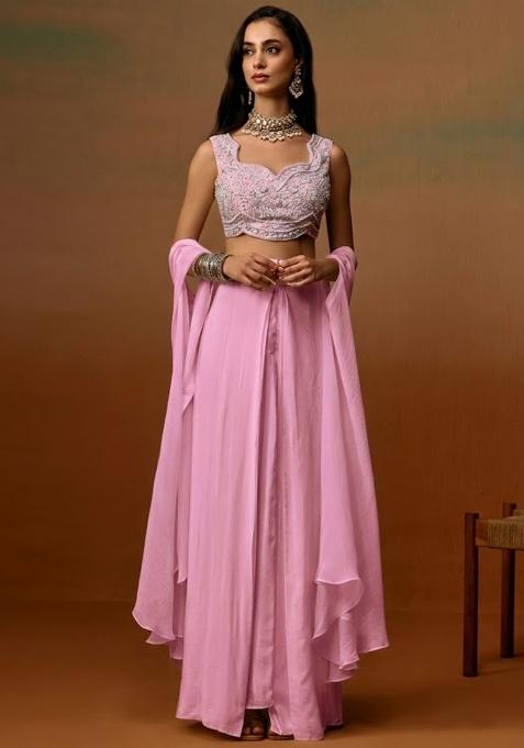 Pink Crepe Embroidered Handwork Fusion Set