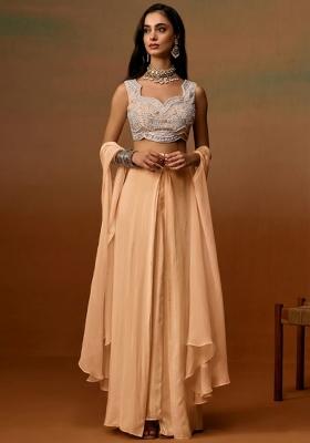 Tan Crepe Embroidered Handwork Fusion Set
