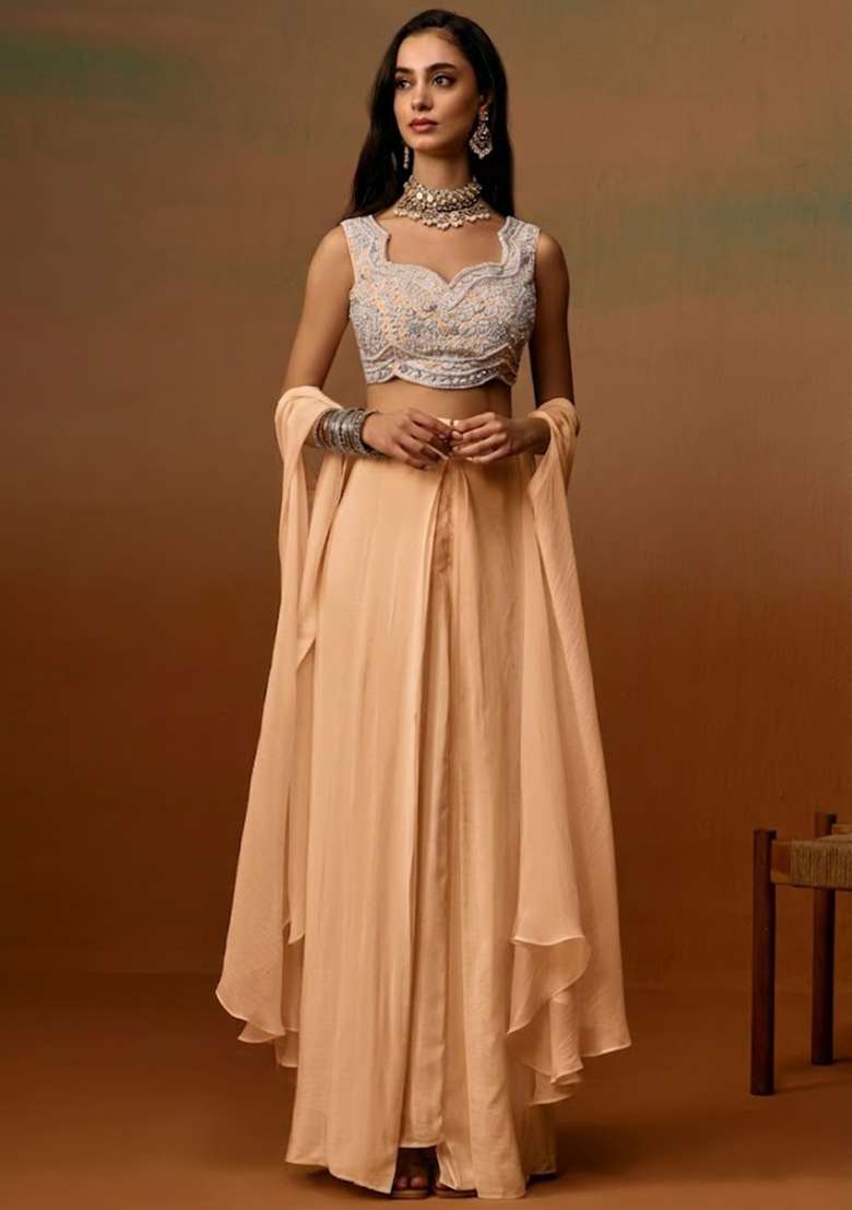 Tan Crepe Embroidered Handwork Fusion Set - Indya