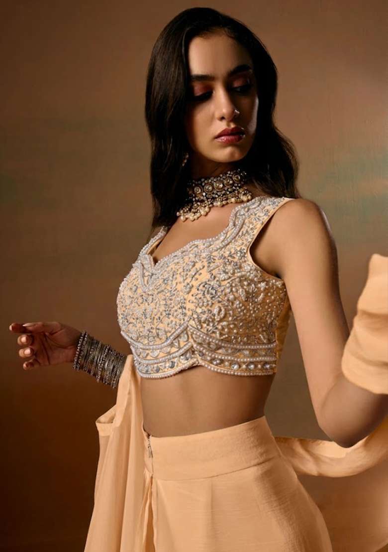Tan Crepe Embroidered Handwork Fusion Set - Indya