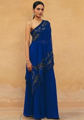 Blue Crepe Embroidered Handwork Fusion Set