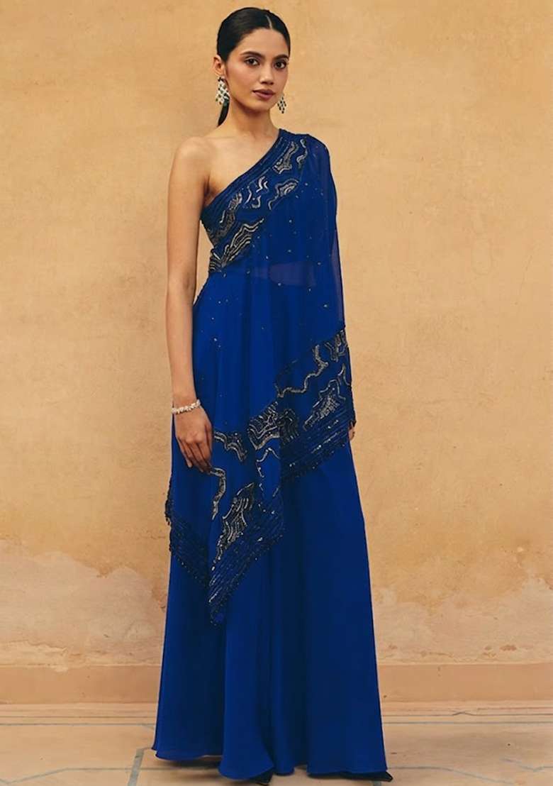 Blue Crepe Embroidered Handwork Fusion Set - Indya