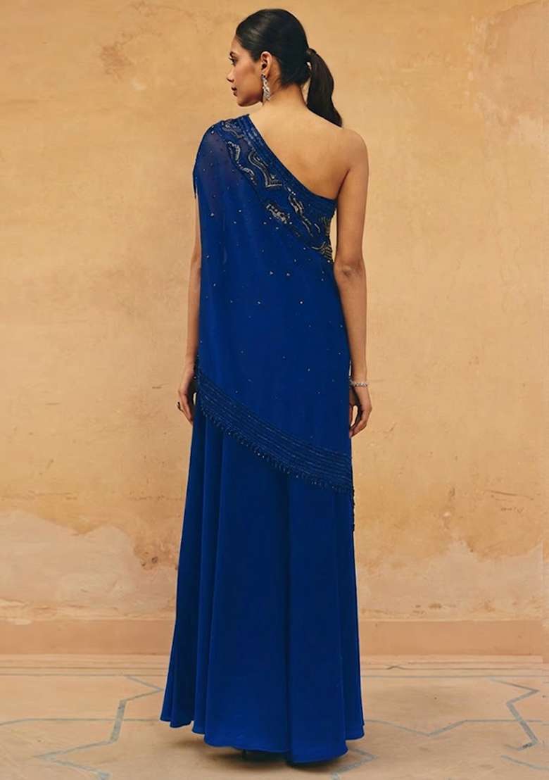 Blue Crepe Embroidered Handwork Fusion Set - Indya