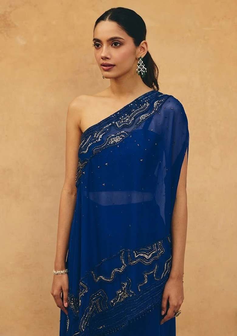 Blue Crepe Embroidered Handwork Fusion Set - Indya