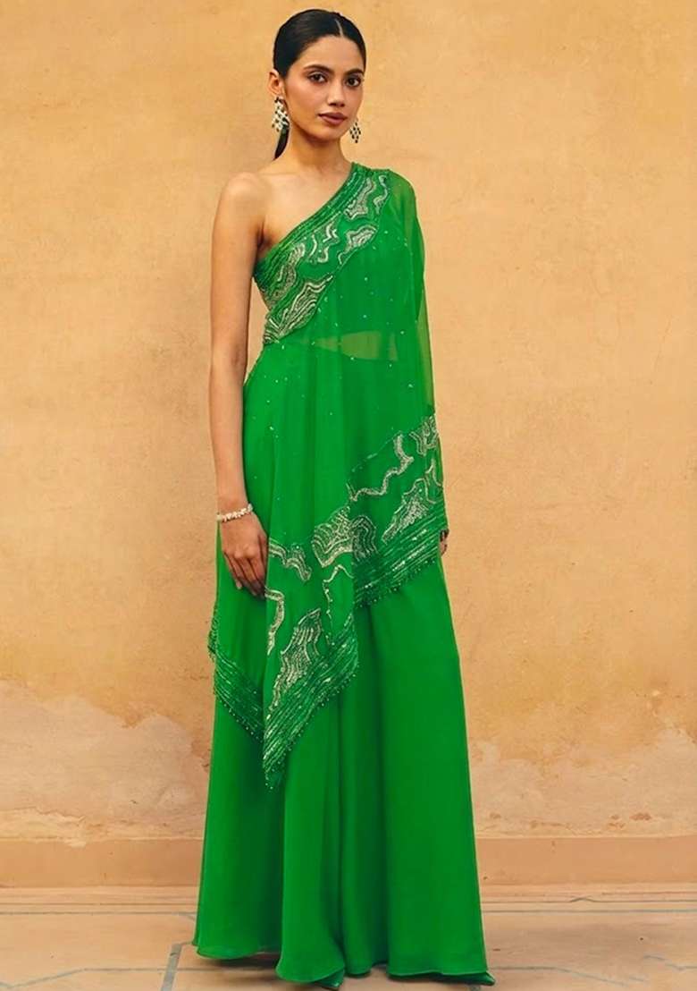 Green Crepe Embroidered Handwork Fusion Set - Indya