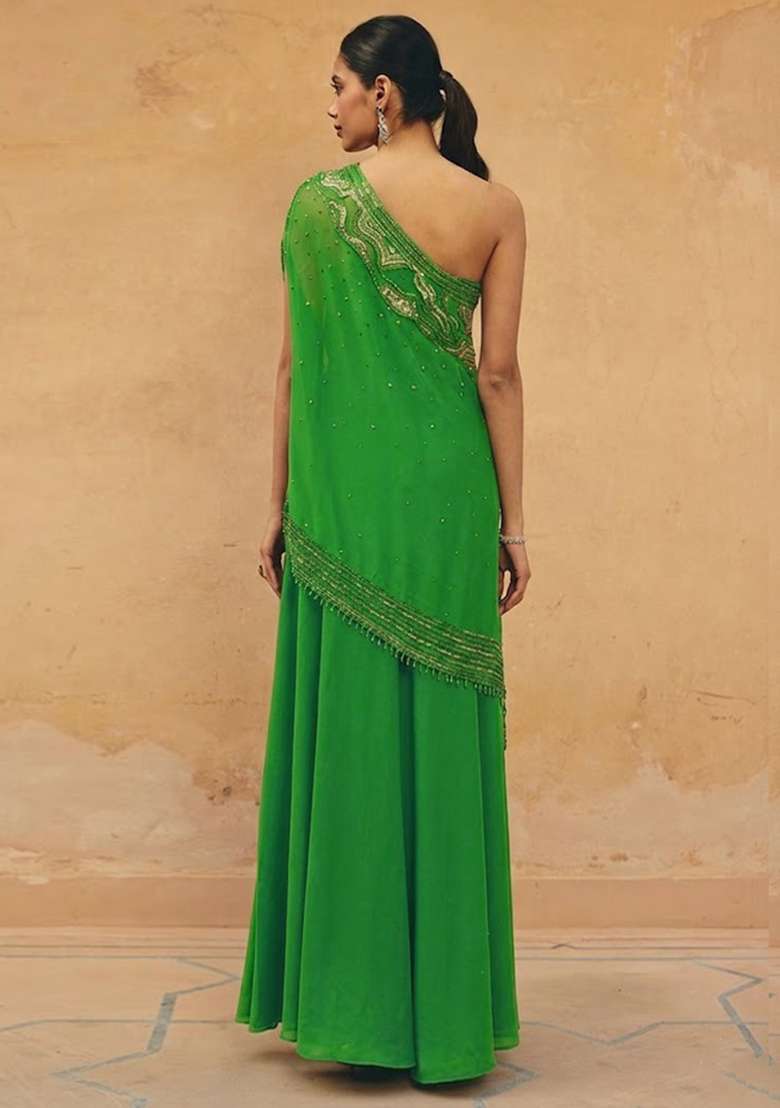 Green Crepe Embroidered Handwork Fusion Set - Indya