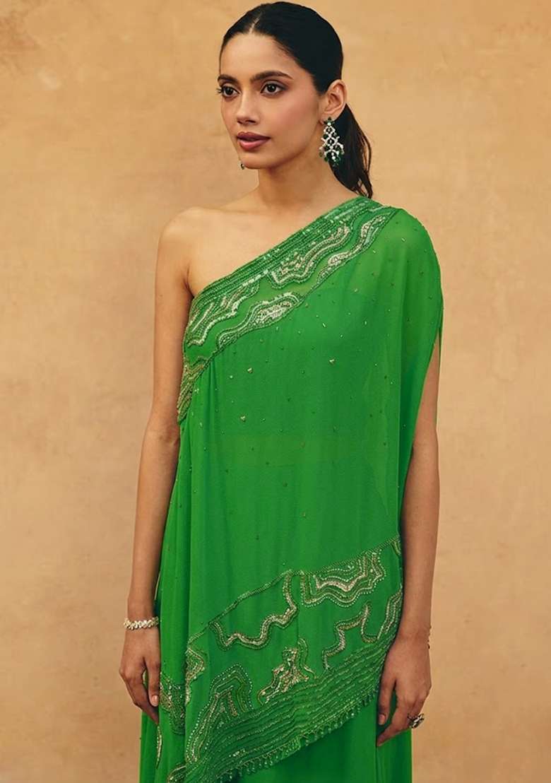 Green Crepe Embroidered Handwork Fusion Set - Indya