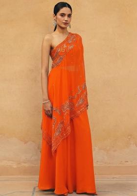 Orange Crepe Embroidered Handwork Fusion Set