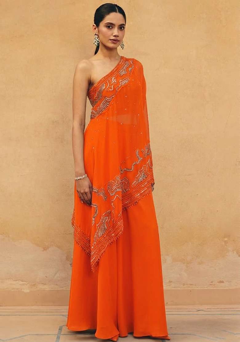 Orange Crepe Embroidered Handwork Fusion Set - Indya
