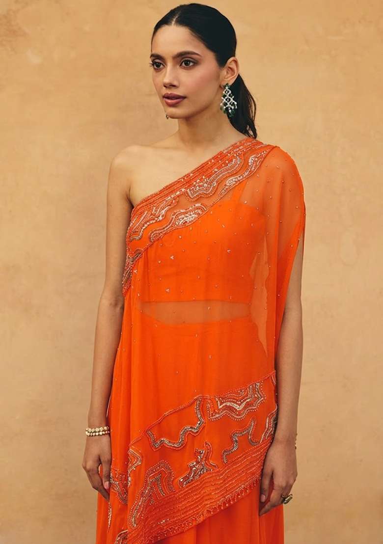 Orange Crepe Embroidered Handwork Fusion Set - Indya