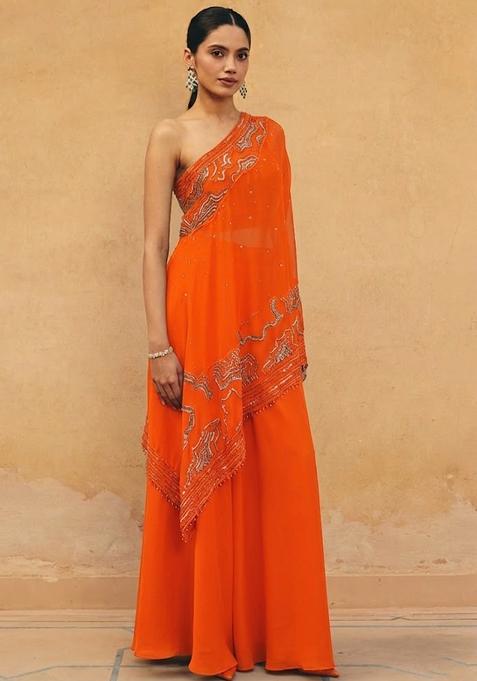Orange Crepe Embroidered Handwork Fusion Set