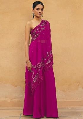 Pink Crepe Embroidered Handwork Fusion Set