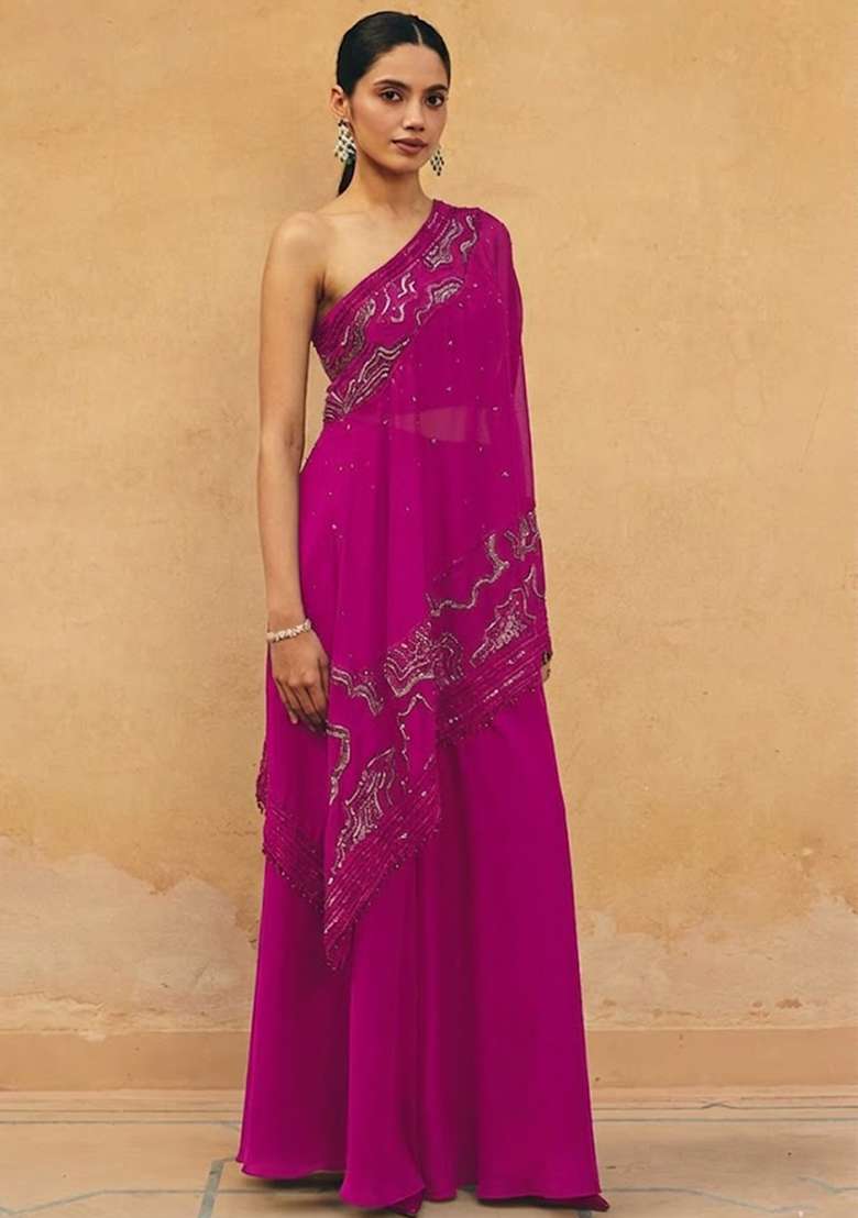 Pink Crepe Embroidered Handwork Fusion Set - Indya