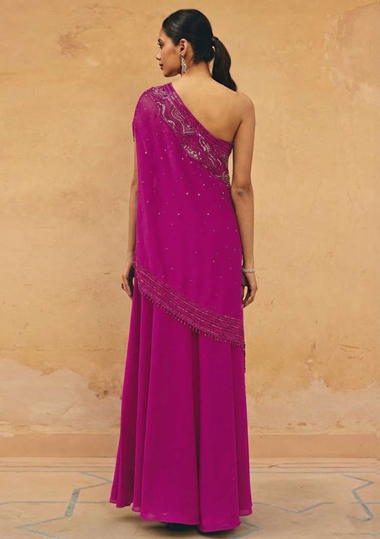 Pink Crepe Embroidered Handwork Fusion Set - Indya