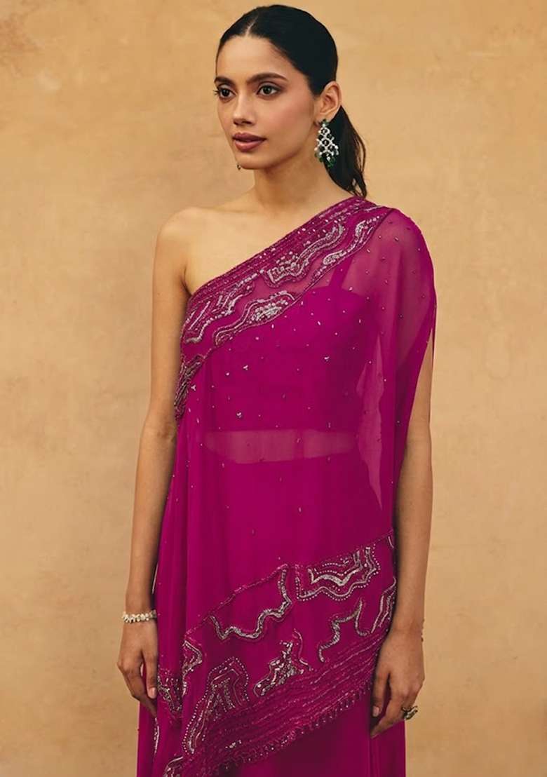 Pink Crepe Embroidered Handwork Fusion Set - Indya