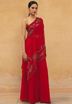 Red Crepe Embroidered Handwork Fusion Set