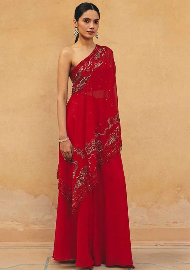 Red Crepe Embroidered Handwork Fusion Set - Indya