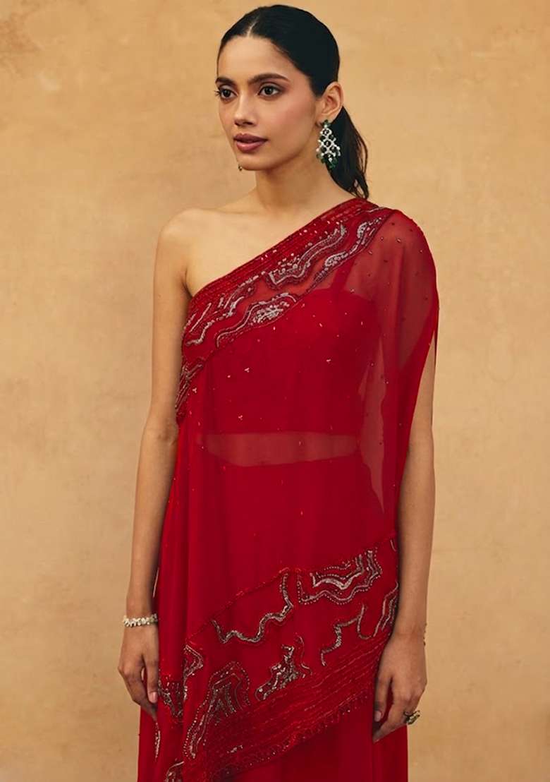 Red Crepe Embroidered Handwork Fusion Set - Indya