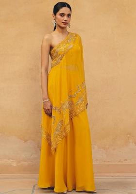 Yellow Crepe Embroidered Handwork Fusion Set