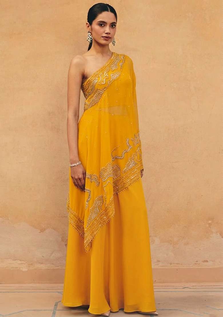 Yellow Crepe Embroidered Handwork Fusion Set - Indya