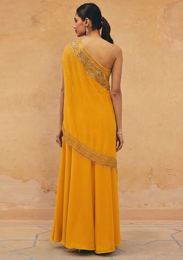 Yellow Crepe Embroidered Handwork Fusion Set - Indya
