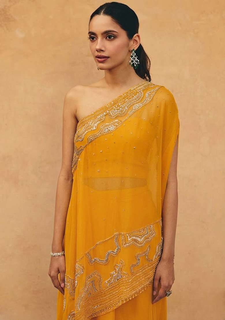 Yellow Crepe Embroidered Handwork Fusion Set - Indya