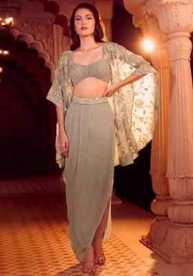 Grey Chinon Embroidered Handwork Fusion Set