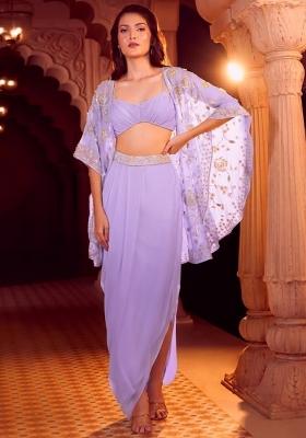 Lavender Chinon Embroidered Handwork Fusion Set