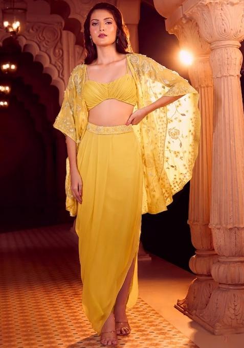 Yellow Chinon Embroidered Handwork Fusion Set