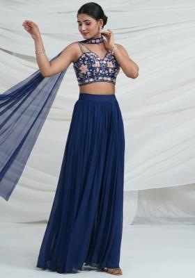 Navy Blue Georgette Embroidered Handwork Fusion Set