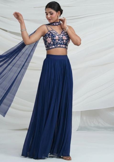 Navy Blue Georgette Embroidered Handwork Fusion Set