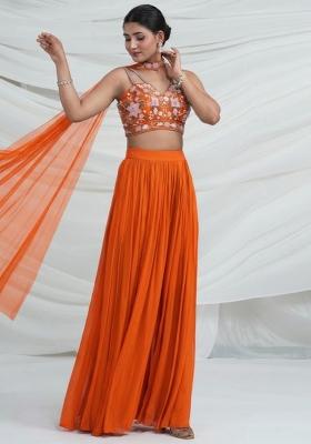 Orange Georgette Embroidered Handwork Fusion Set