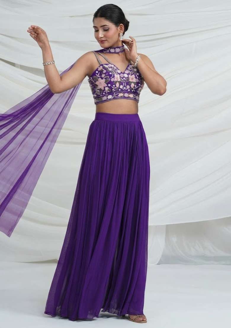 Purple Georgette Embroidered Handwork Fusion Set - Indya