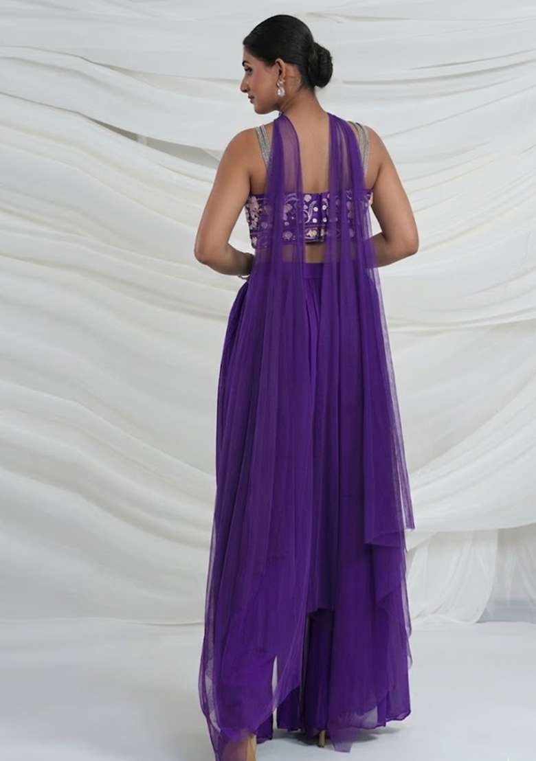 Purple Georgette Embroidered Handwork Fusion Set - Indya