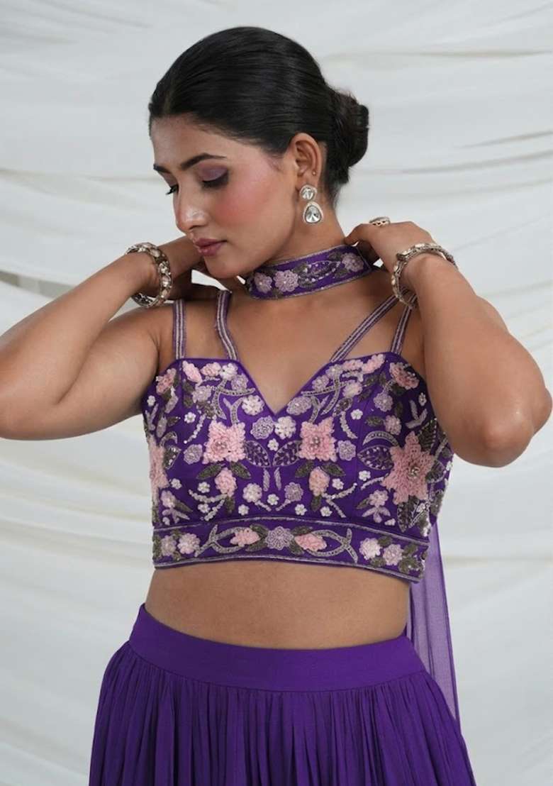 Purple Georgette Embroidered Handwork Fusion Set - Indya