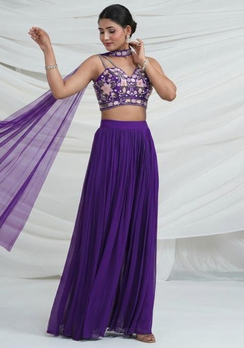 Purple Georgette Embroidered Handwork Fusion Set