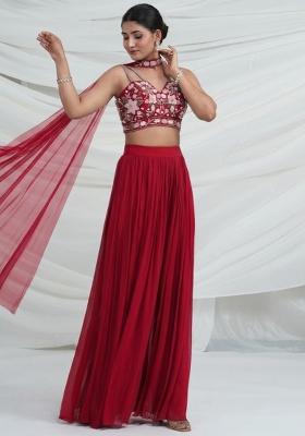 Red Georgette Embroidered Handwork Fusion Set