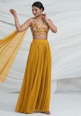 Yellow Georgette Embroidered Handwork Fusion Set