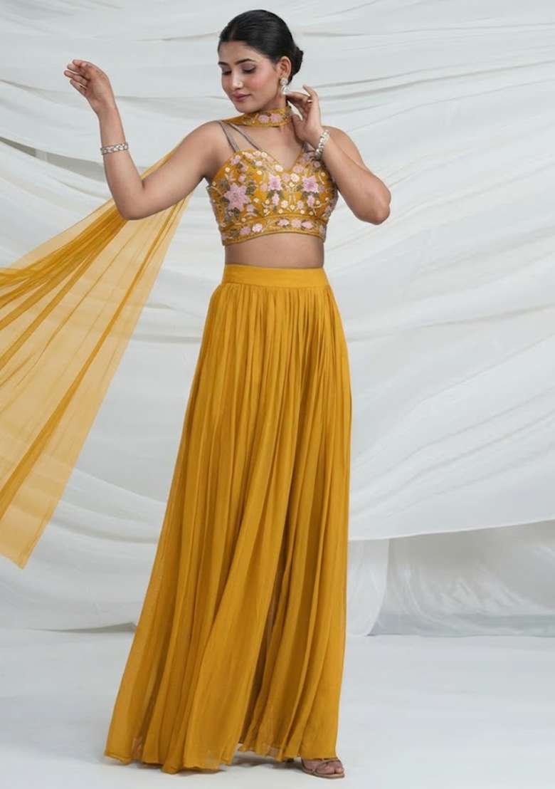 Yellow Georgette Embroidered Handwork Fusion Set - Indya