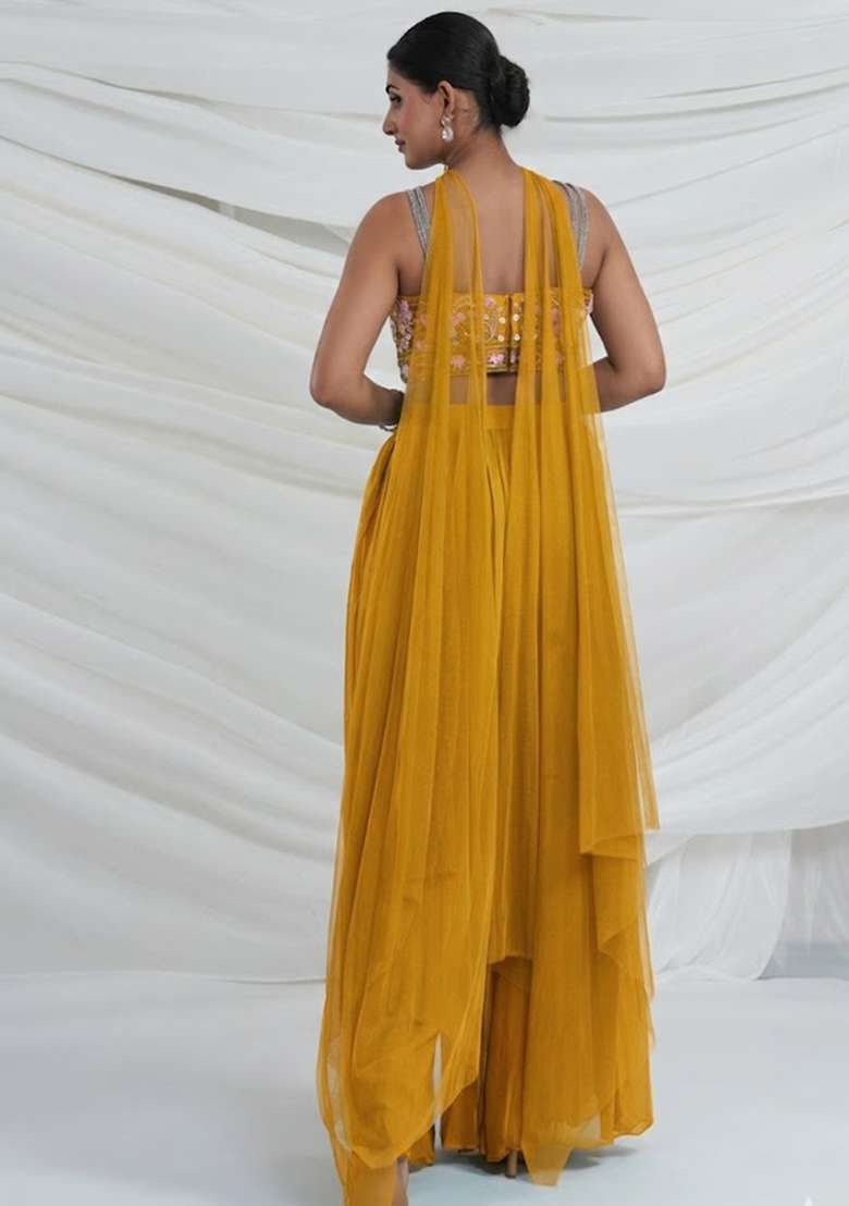 Yellow Georgette Embroidered Handwork Fusion Set - Indya