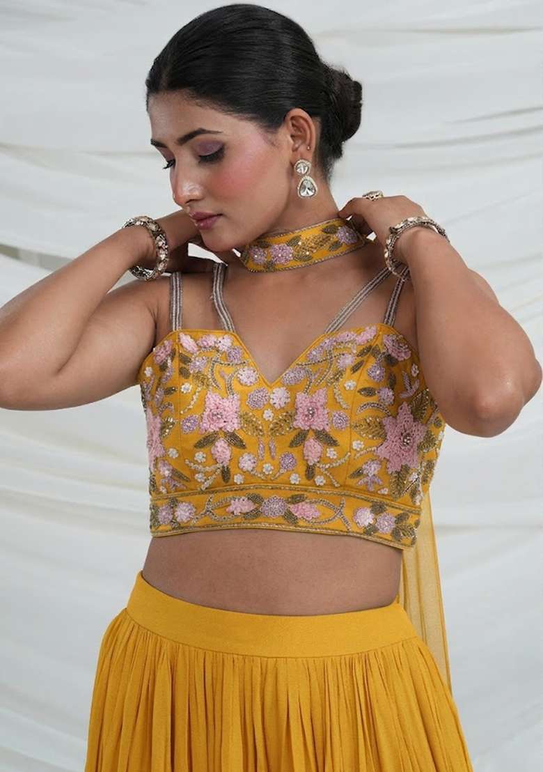 Yellow Georgette Embroidered Handwork Fusion Set - Indya