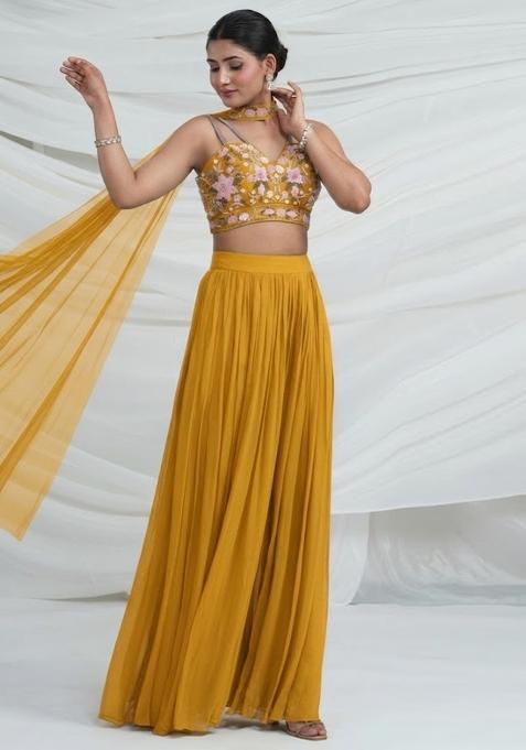 Yellow Georgette Embroidered Handwork Fusion Set