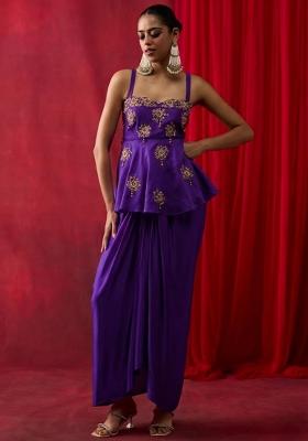 Purple Satin Embroidered Handwork Pre Draped Saree Set