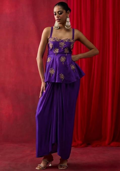Purple Satin Embroidered Handwork Pre Draped Saree Set