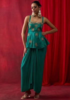 Teal Satin Embroidered Handwork Pre Draped Saree Set
