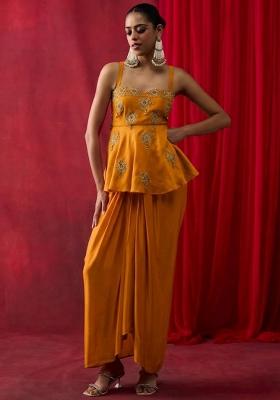 Yellow Satin Embroidered Handwork Pre Draped Saree Set