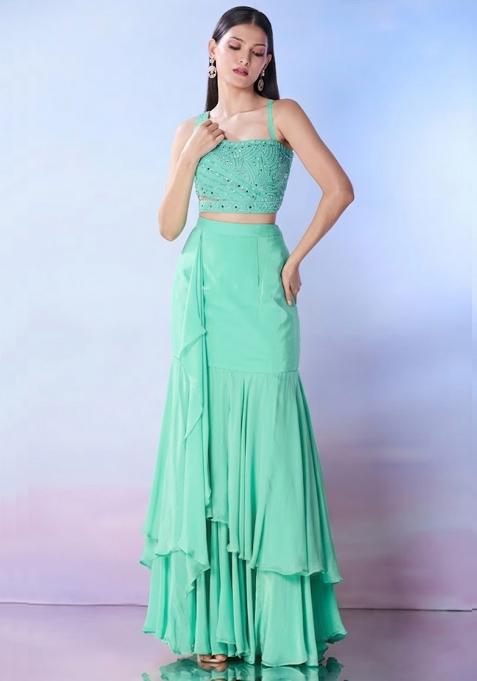 Mint Georgette Embellished Handwork Fusion Set