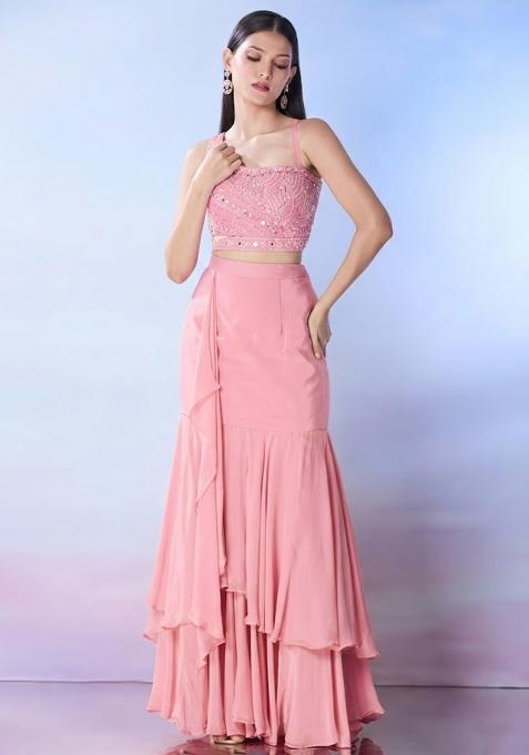 Pink Georgette Embellished Handwork Fusion Set