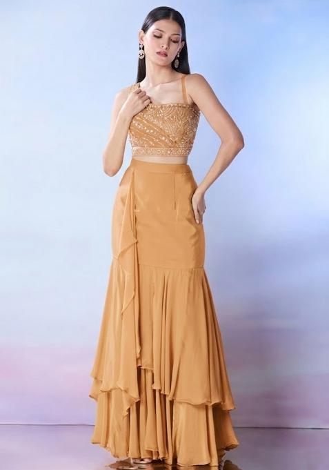 Tan Georgette Embellished Handwork Fusion Set