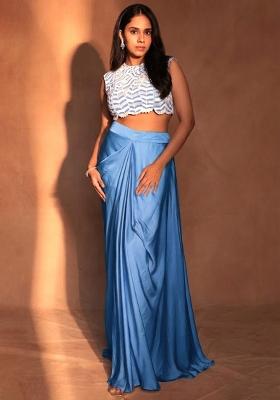Sky Blue Satin Embroidered Handwork Fusion Set